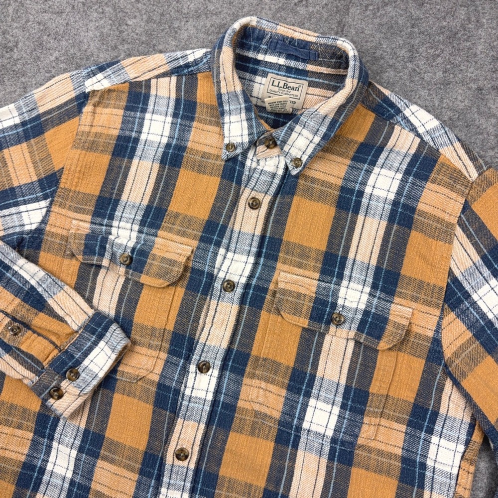 LL Bean 1912 Field Flannel Shirt Mens Medium Regular Fitted Ochre Blue Plaid